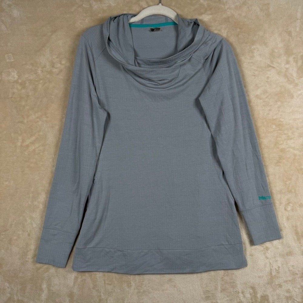 Marmot Womens M Grey Tencel Blend Grid Hoodie Cowl Neck Thumbhole Gorpcore Hike